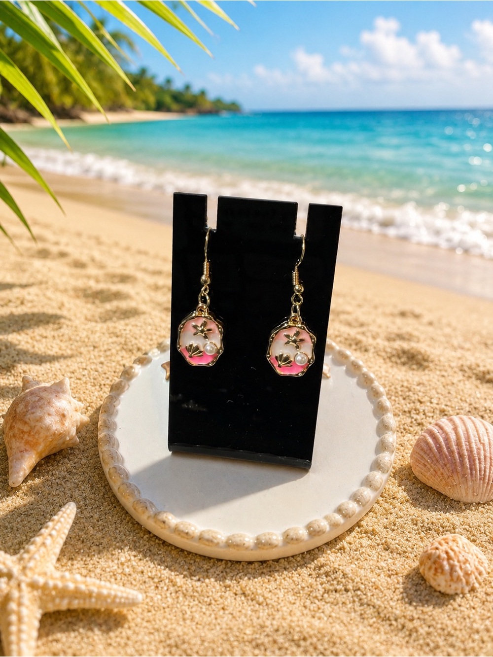 Gold-Tone Pink Shell & Pearl Drop Earrings